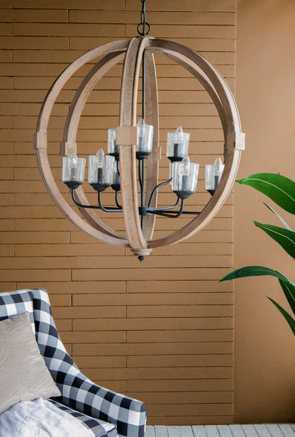9 Light Globe Chandelier, Wood Chandelier Hanging Light Fixture With Adjustable Chain For Kitchen, Bulb Not Included - Brown