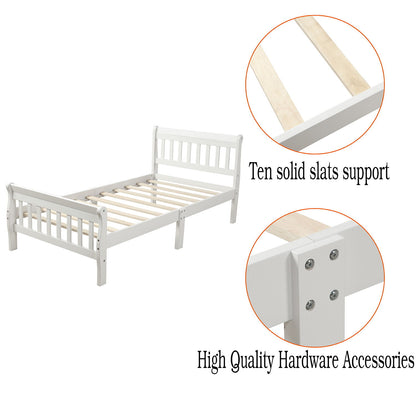 Twin Platform Bed, Mattress Foundation Sleigh Bed With Headboard, Footboard, Slat Support - White