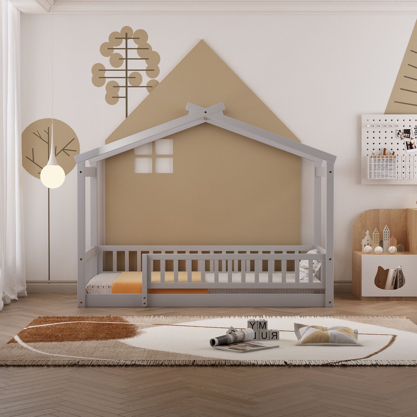 Twin Size Bed House Bed Frame With Fence - Gray