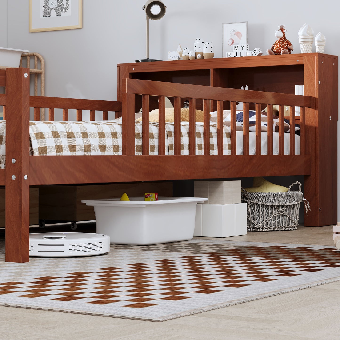 Twin Size Bed With Headboard Storage Rack, 2 Under Bed Drawers, 3 - Side Guardrails For Safety And Security - Walnut