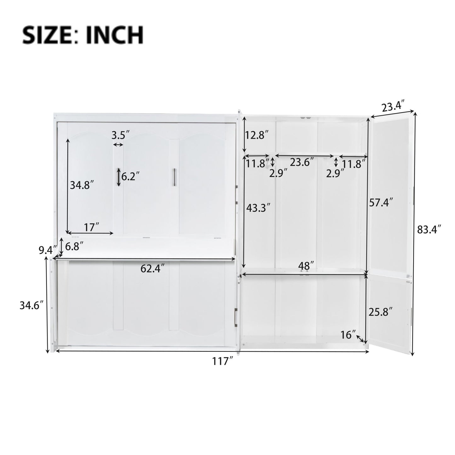 Queen Size Murphy Wall Bed With Closet, Space Saving Design - White