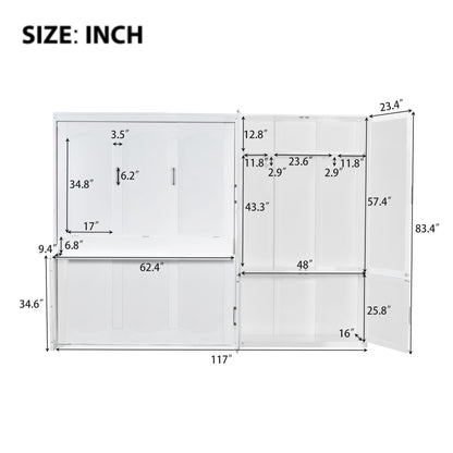 Queen Size Murphy Wall Bed With Closet, Space Saving Design - White