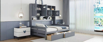 Full Size Daybed With 2 Drawers And All In One Cabinet And Shelf - Gray