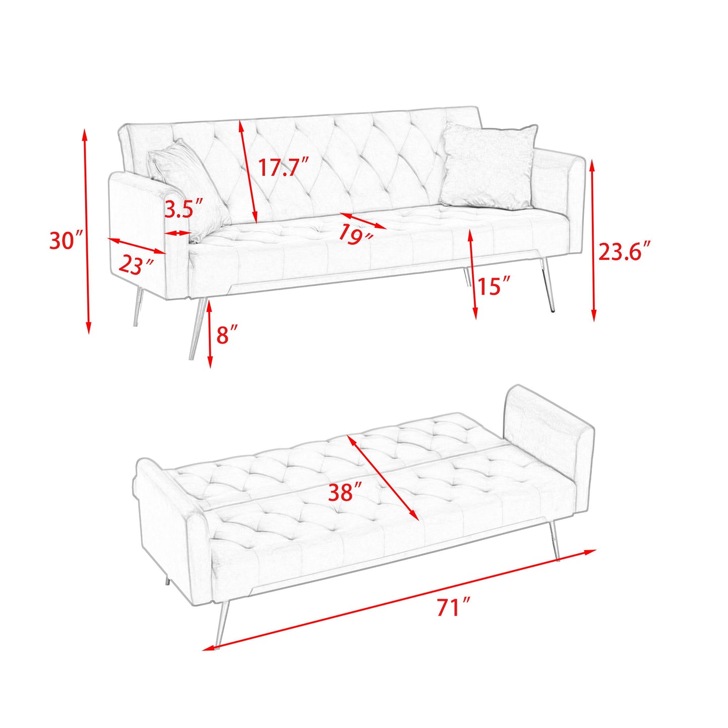 Convertible Double Folding Living Room Sofa Bed - Pink