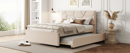 Full Size Upholstered Platform Bed With Brick Pattern Headboard And Twin Size Trundle - Beige