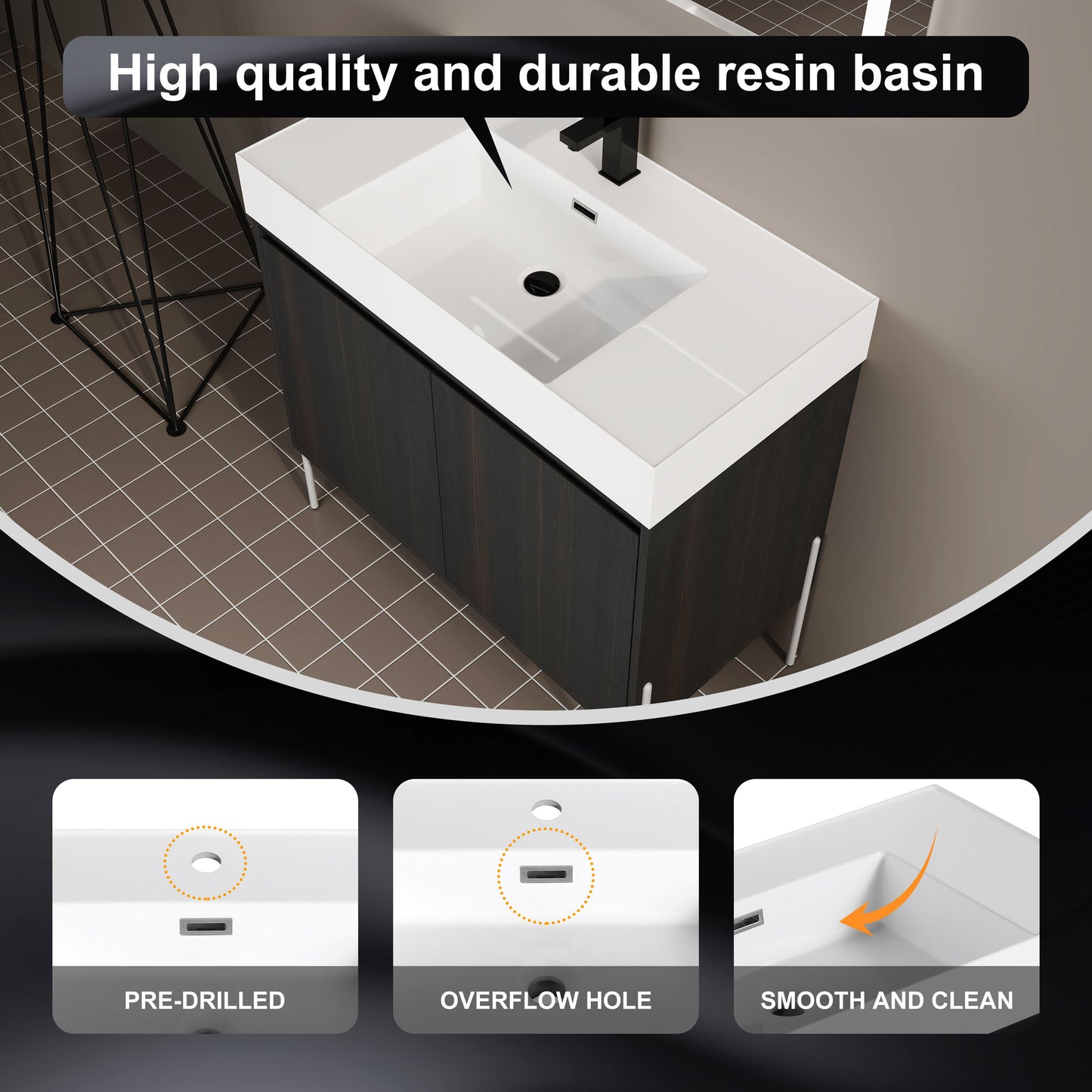 Minimalist 36" Freestanding Bathroom Vanity With Resin Sink And Storage Cabinet - Dark Oak