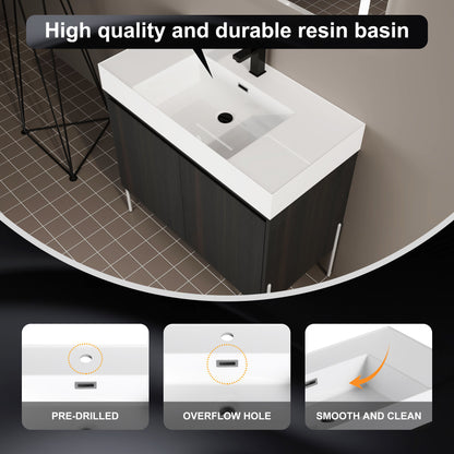 Minimalist 36" Freestanding Bathroom Vanity With Resin Sink And Storage Cabinet - Dark Oak