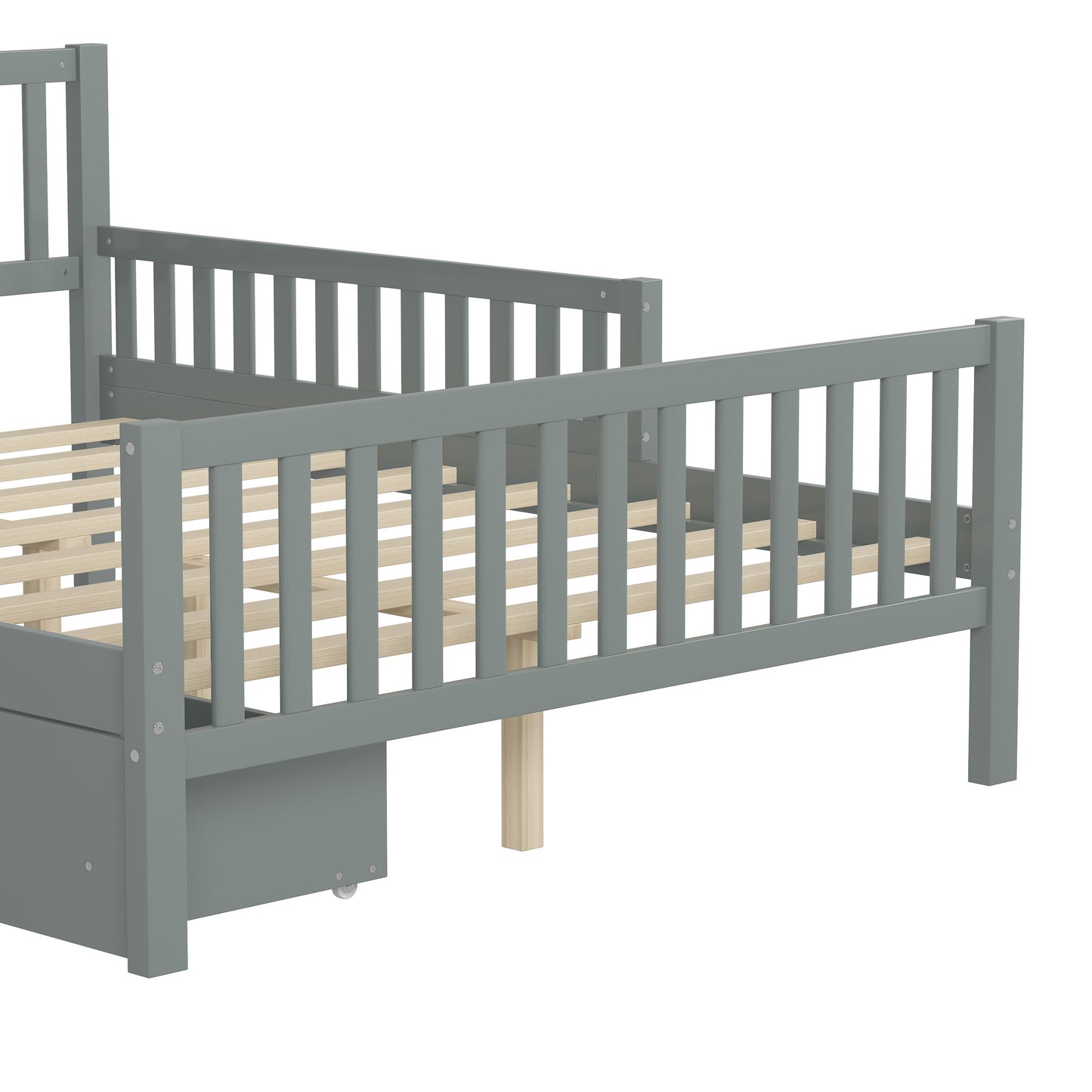 Full Size Platform Bed With Guardrails On Both Sides And 2 Storage Drawers - Gray