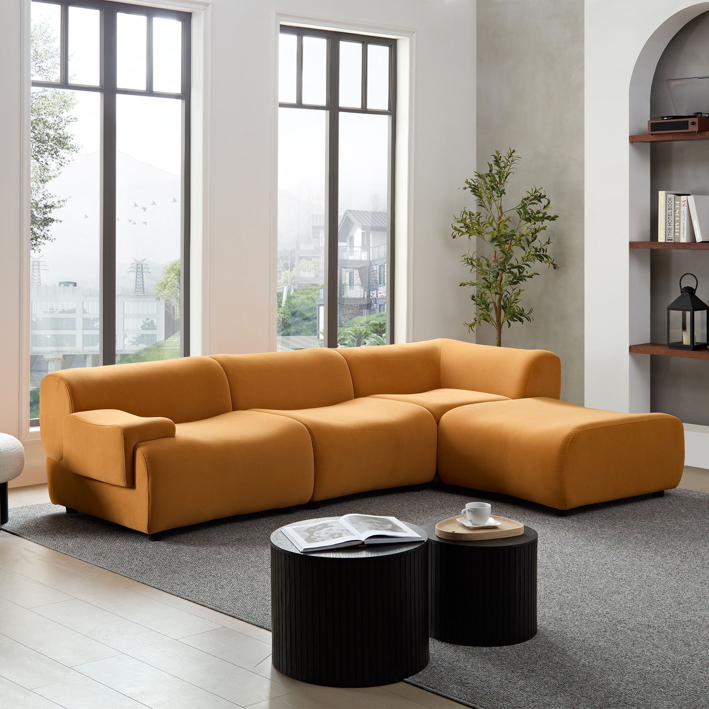 Sectional Sofa With Durable Fabric And High Density Sponge, Solid Wood Frame, 4 Seats - Orange