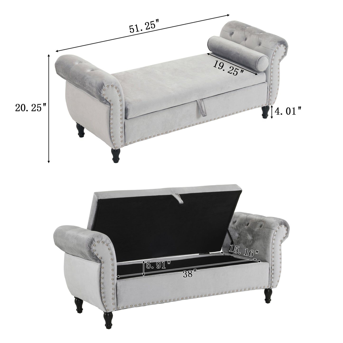 Velvet Multifunctional Storage Rectangular Ottoman Bench With Pillow - Gray