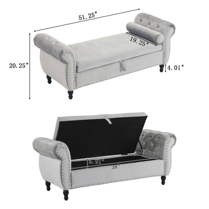 Velvet Multifunctional Storage Rectangular Ottoman Bench With Pillow - Gray