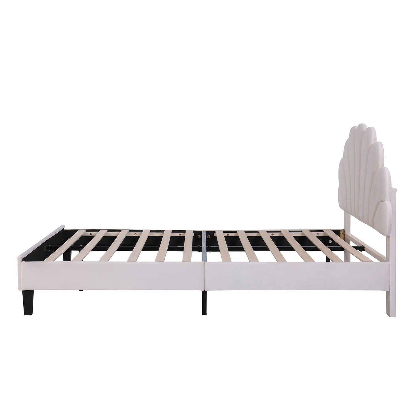Full Size Upholstered Platform Bed With Flower Pattern Headboard - Beige