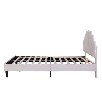 Full Size Upholstered Platform Bed With Flower Pattern Headboard - Beige