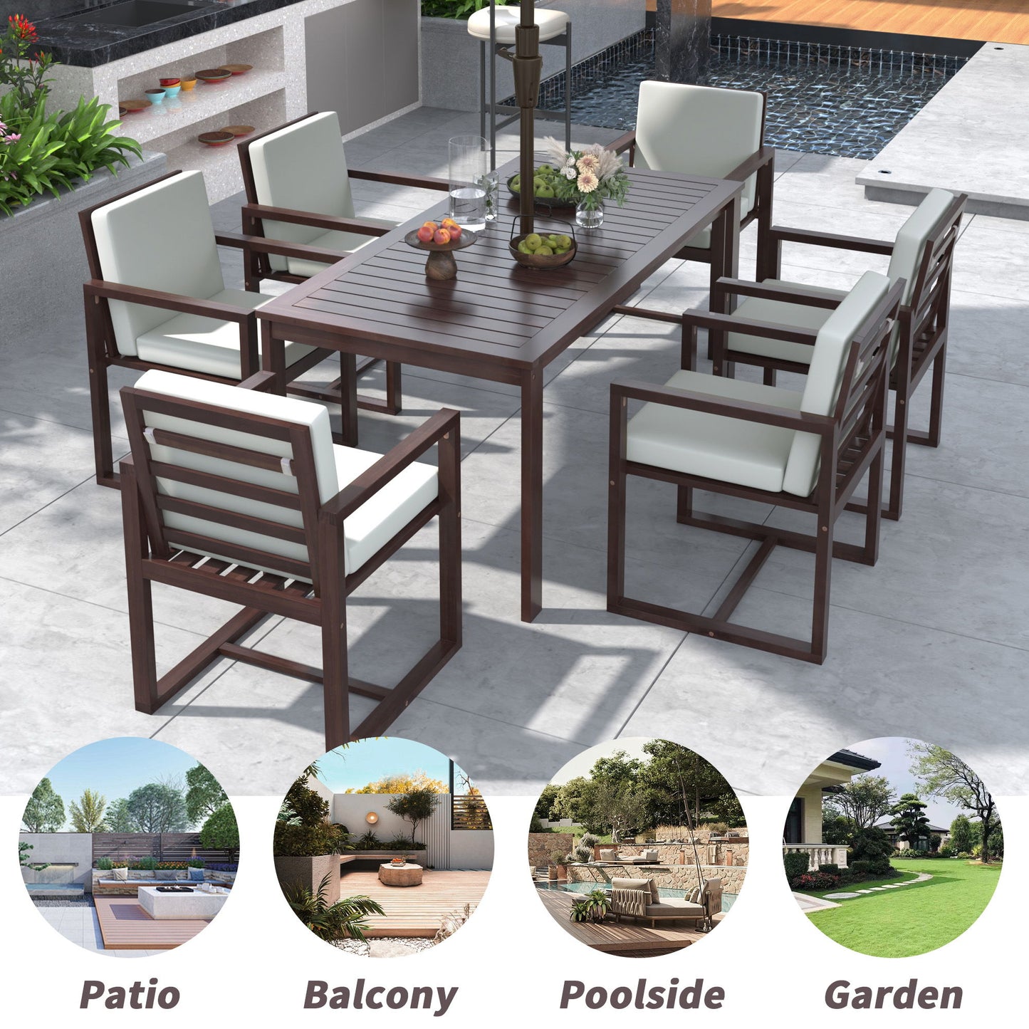 Patio Dining Set Outdoor Dining Table And Chair Set With And Removable Cushions For Patio, Backyard, Garden - Dark Brown