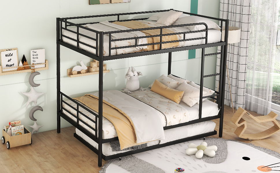 Full Over Full Metal Bunk Bed With Trundle - Black