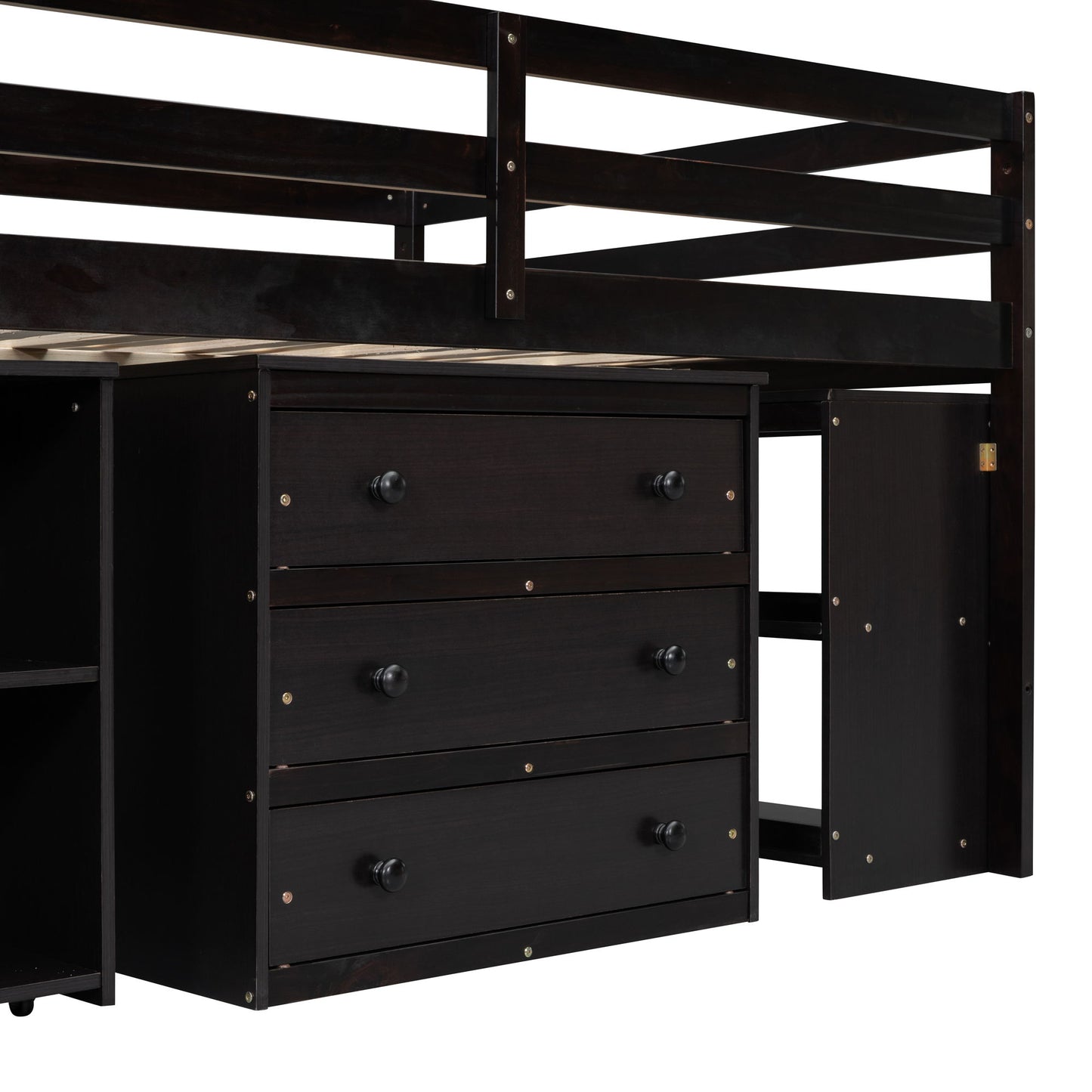 Full Size Loft Bed With Retractable Writing Desk And 3 Drawers With Storage Stairs And Shelves - Espresso