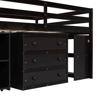 Full Size Loft Bed With Retractable Writing Desk And 3 Drawers With Storage Stairs And Shelves - Espresso