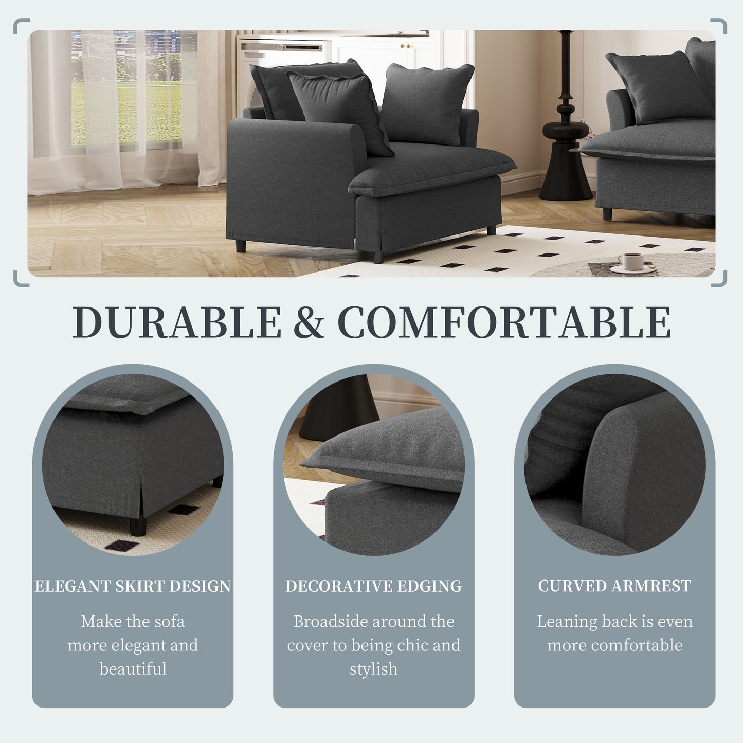 Oversized Single Seat Sofa Module For Modular Sectional Wide Seat, Armchair With Pillows Modern Upholstered Comfy Single Couch Lounge - Gray