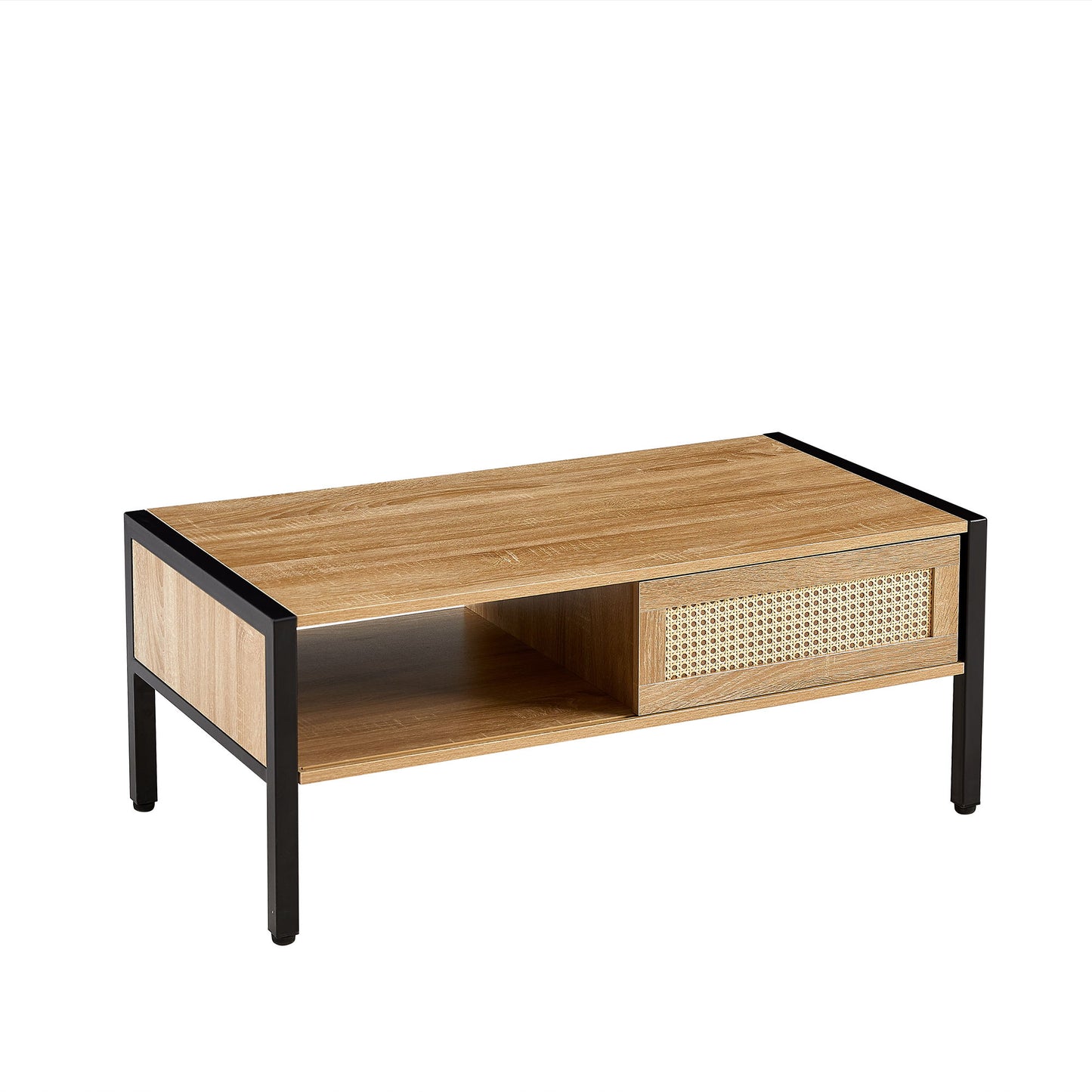 40.16" Rattan Coffee Table, Sliding Door For Storage, Metal Legs, Modern Table For Living Room - Natural