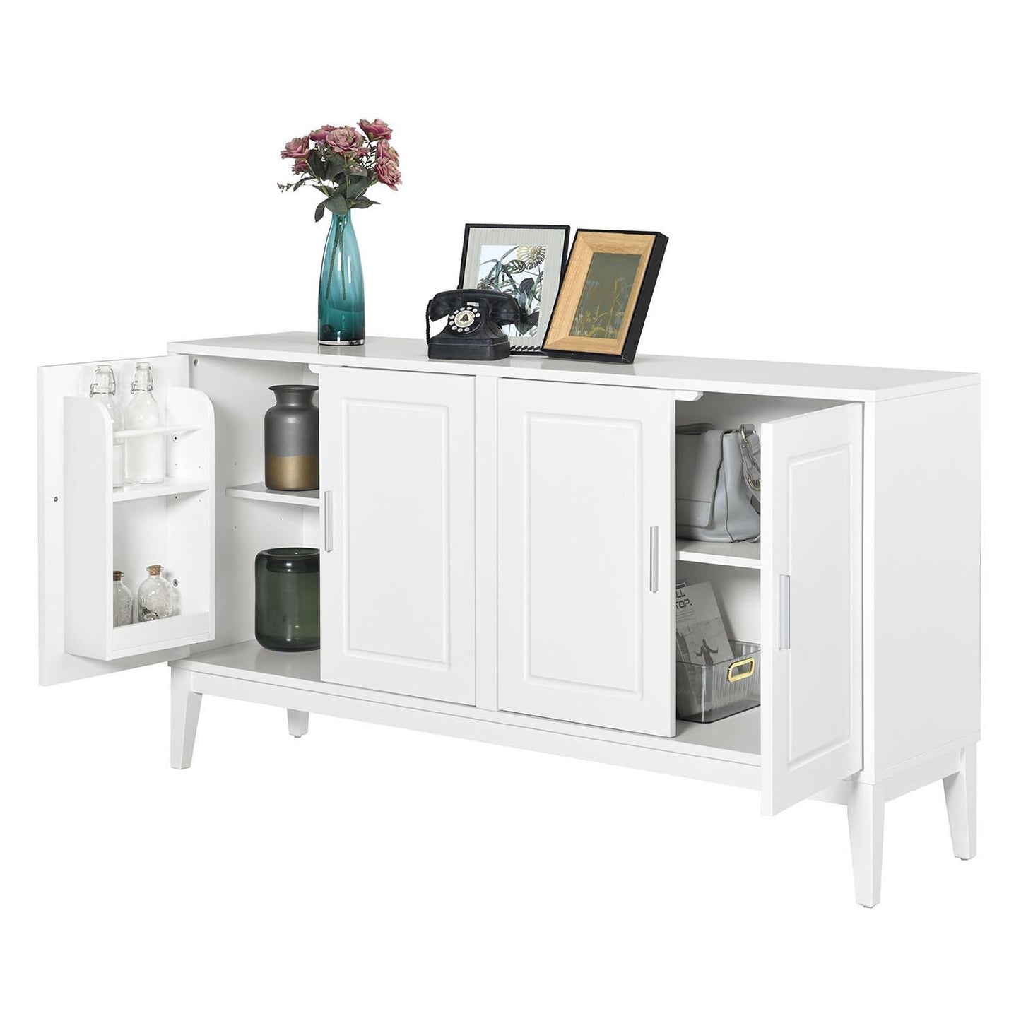 4 Door Sideboard Storage Cabinet With Door Shelf For Living Room And Dining Room, 2 Large Cabinets With Adjustable Shelf - White
