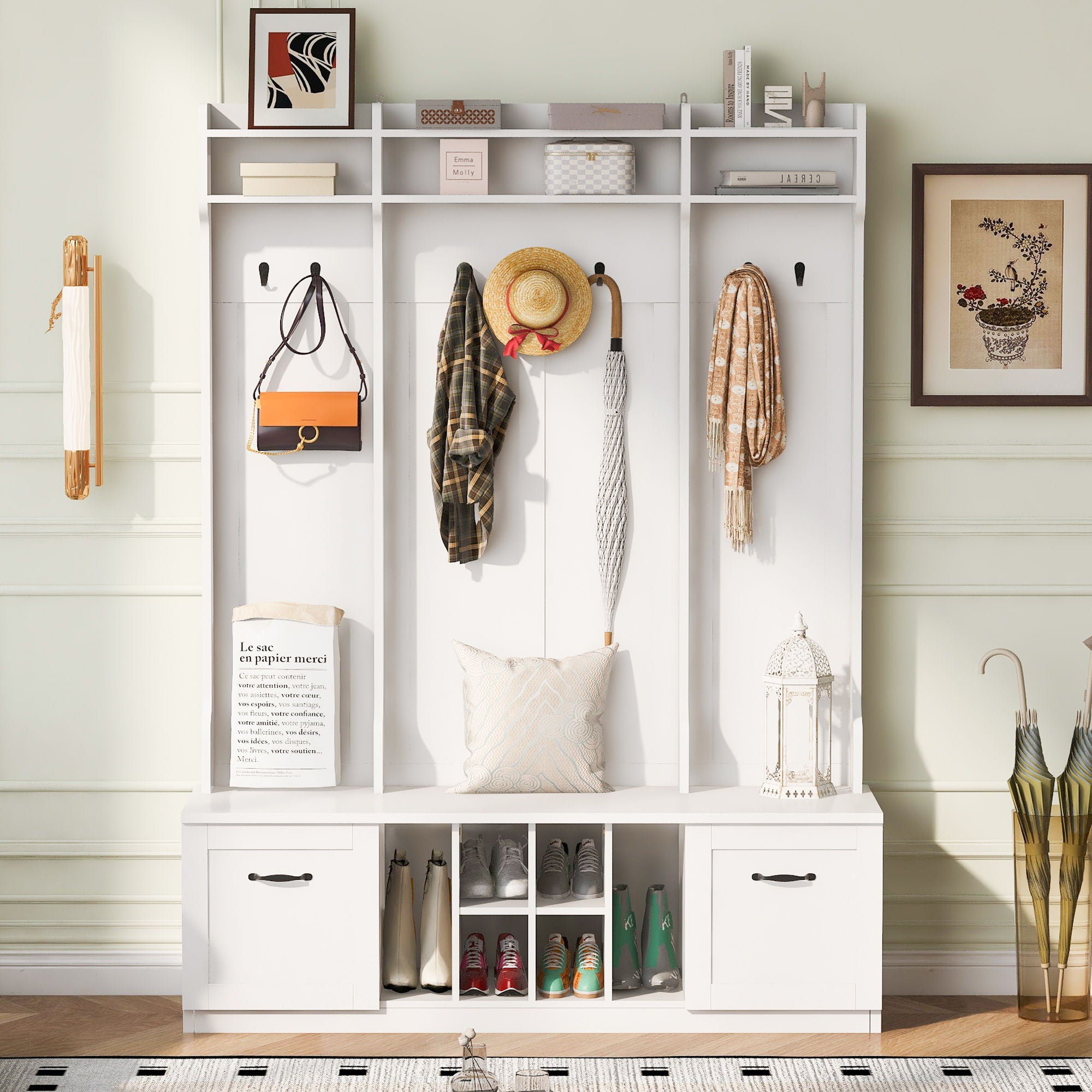 5 In 1 Entryway Bench With Coat Rack, 7 Sturdy Hooks, 2 Spacious Drawers And Adjustable Shelves, Wide Hall Tree With Metal Handles For Hallway - White