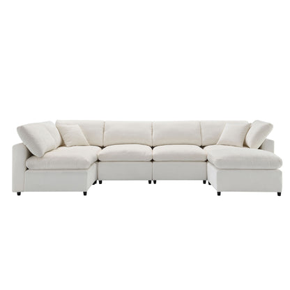 Modern Modular Cloud Sofa Bed, 6 Seat Chenille Sectional Couch Set With Ottoman, Free Combination, Convertible U Shaped Sleeper Sofa - Beige