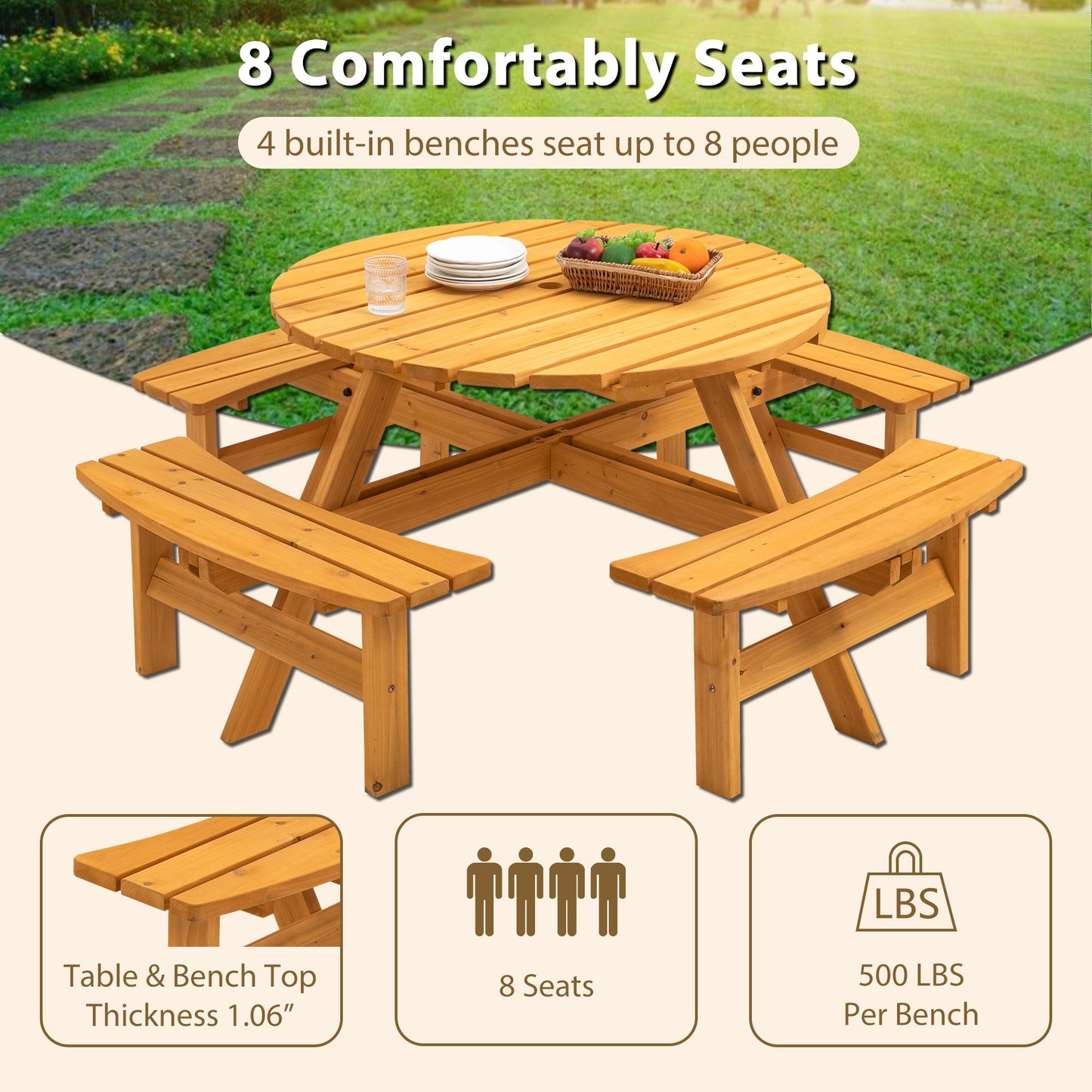 8 Person Wooden Picnic Table, Outdoor Camping Dining Table With Seat, Garden, Diy With 4 Built-In Benches, 2220Lb Capacity - Natural