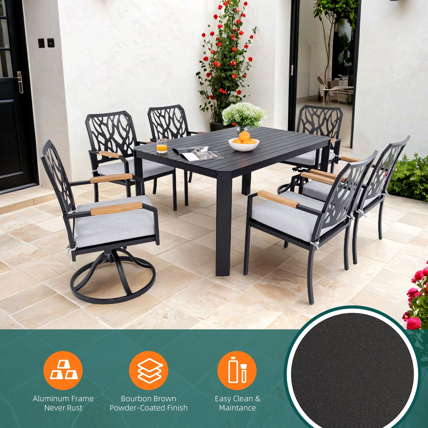 7 Pieces Outdoor Patio Furniture Set, 4 Dining Chairs & 2 Swivel Rockers Sunbrella Fabric, Rectangular Table With Umbrella Hole - Bourbon Brown