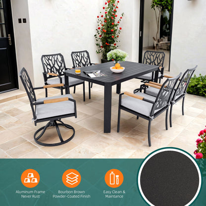 7 Pieces Outdoor Patio Furniture Set, 4 Dining Chairs & 2 Swivel Rockers Sunbrella Fabric, Rectangular Table With Umbrella Hole - Bourbon Brown