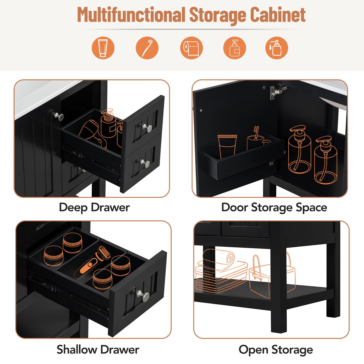 Transitional Style Bathroom Vanity Cabinet Combo With Ceramic Sink, Soft Close Door - Black