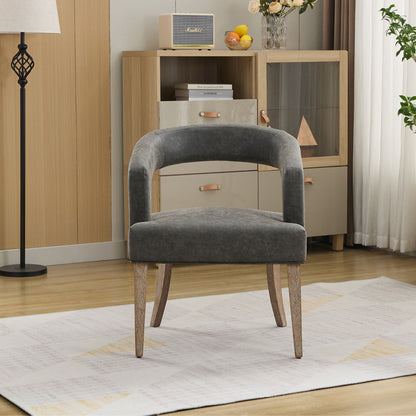 Wide Modern Barrel Open Back Upholstered Accent Chair With Weathered Solid Wood Legs Dining Chairs For Dining Room, Club, Kitchen And Living Room - Gray