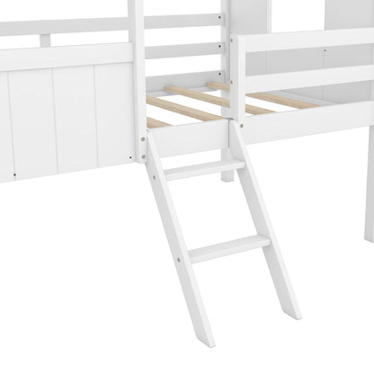 Twin Size Low Loft House Bed With Two Side Windows - White / Gray