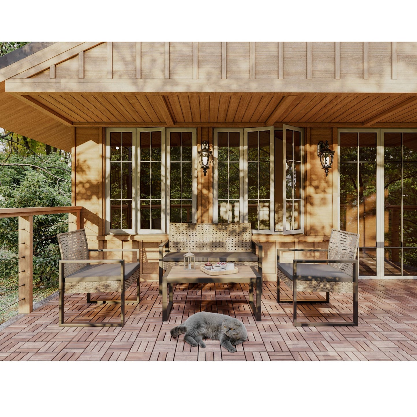 4 Piece Patio Furniture Set Outdoor Balcony Porch Garden Backyard Lawn Furniture Acacia Wood Table Top, Morden - Black And Light Brown