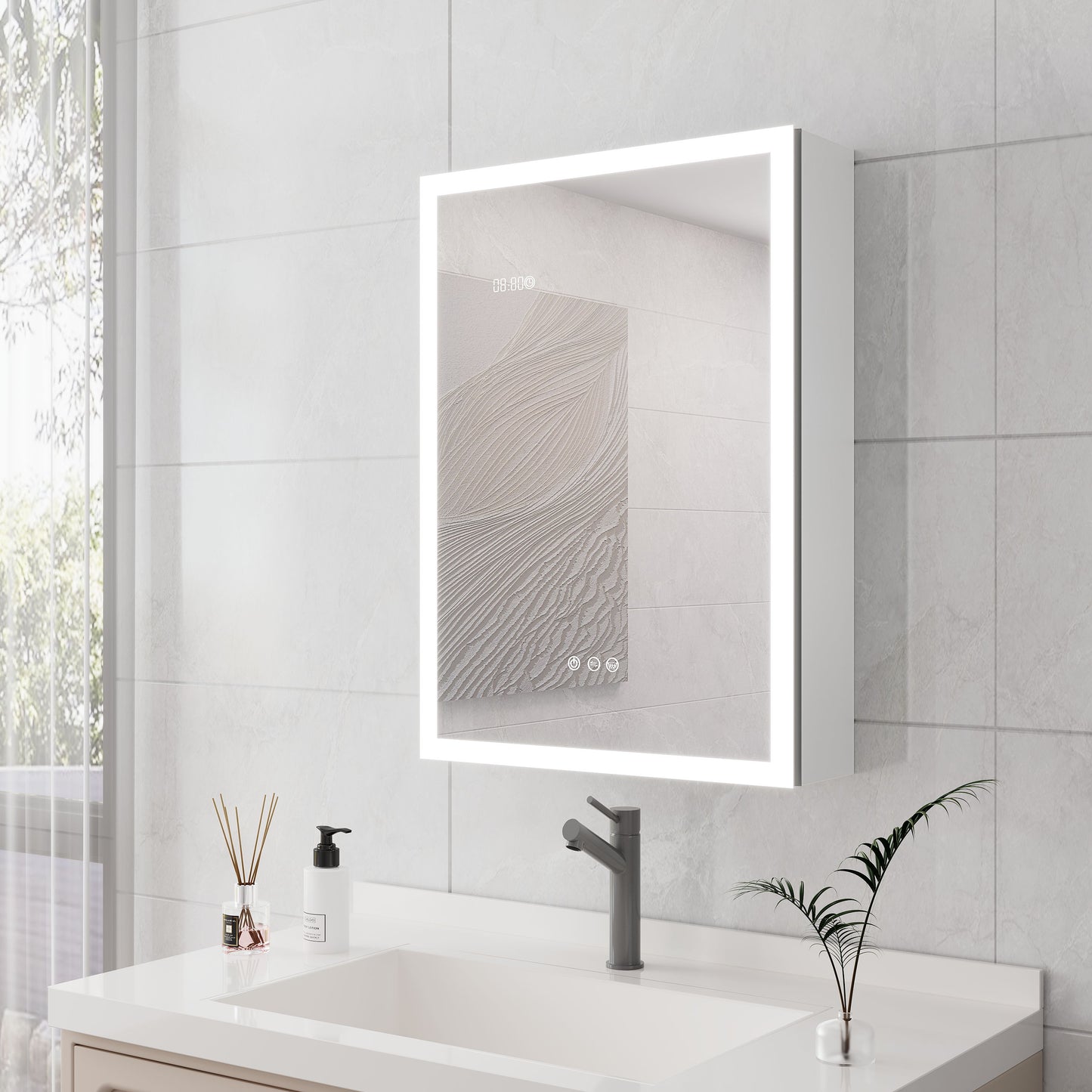 Bathroom Medicine Cabinet With Lights, LED Medicine Cabinet With Mirror, Lighted Medicine Cabinet With Defogger, Dimmer, Digital Clock & Temp Display, Surface Mount - Silver