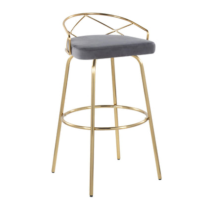 Charlotte - Glam Glam / Art Deco Fixed Height Barstool With Swivel With Round Footrest (Set of 2) - Gold / Gray