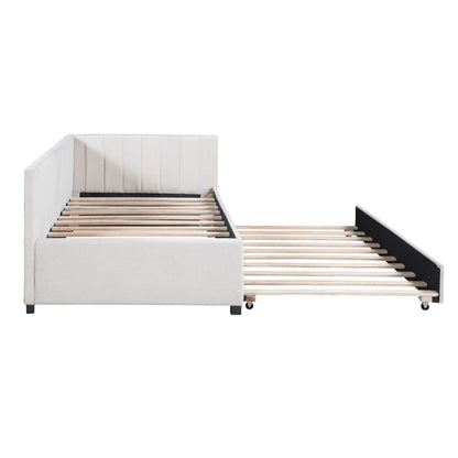 Twin Size Sofa Bed Upholstered Daybed With Trundle Frame No Box Spring Needed, Linen - Beige