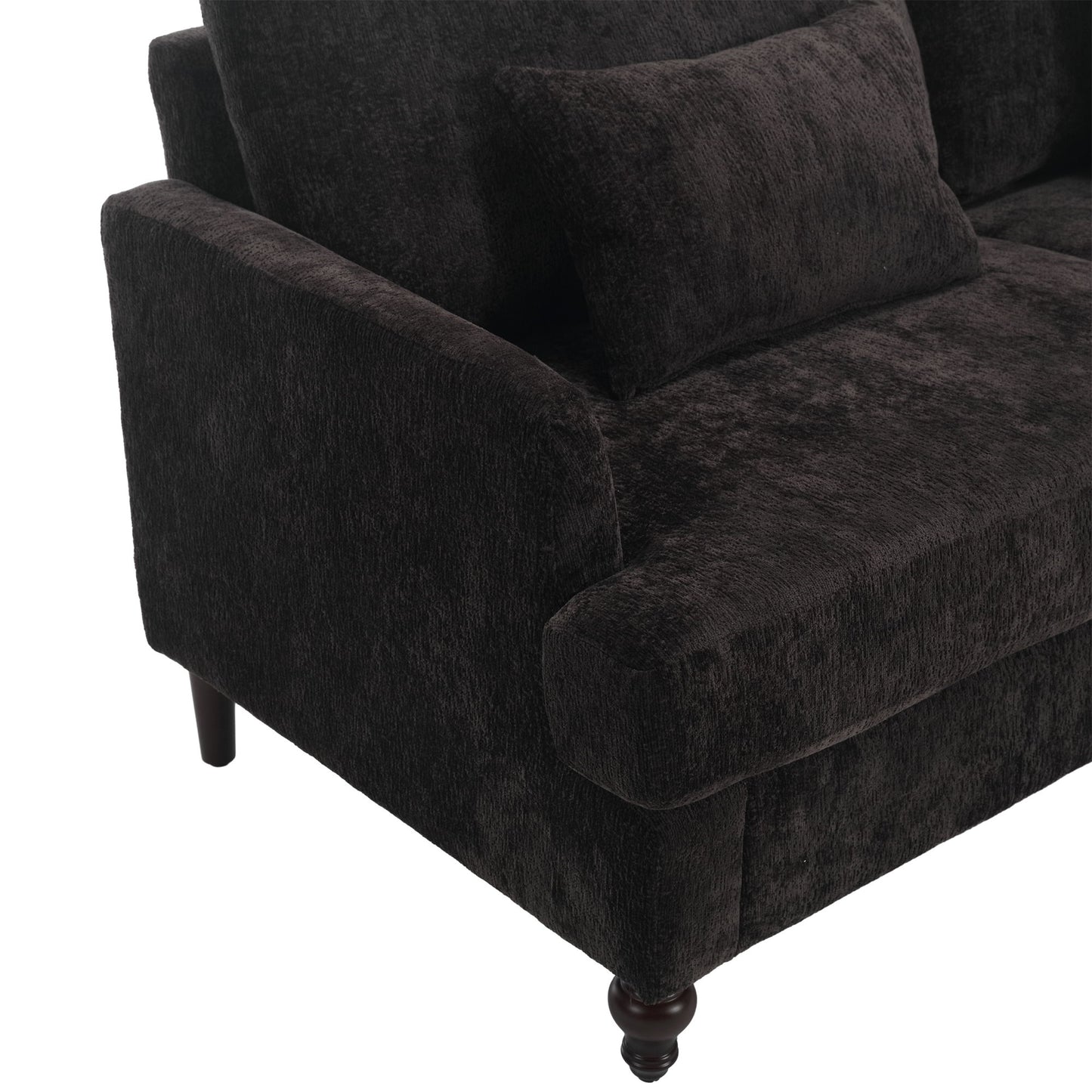 Mid Century Modern Chenille Fabric Loveseat Sofa With Brown Wood Feet, 2 Seat Upholstered Couch For Living Room Or Bedroom - Black