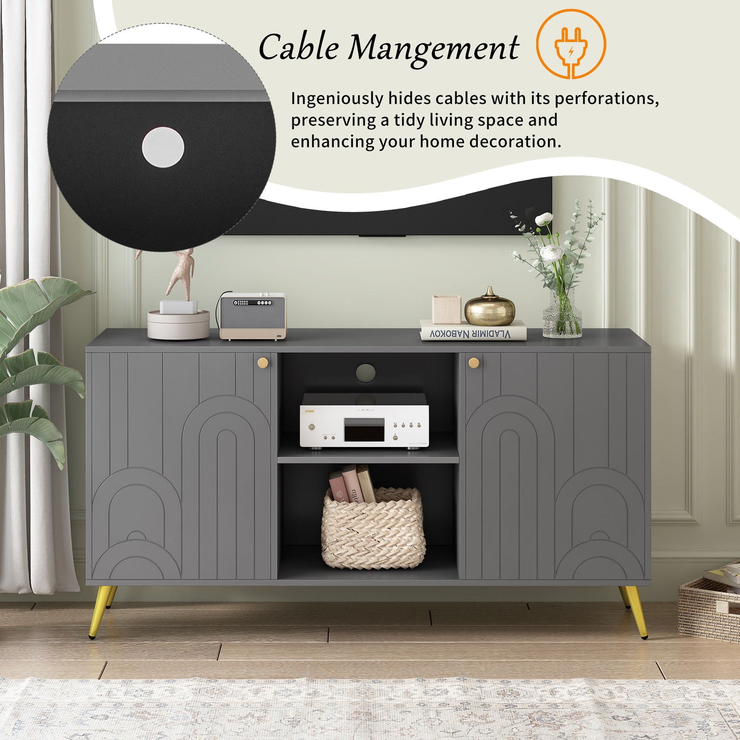 Modern TV Stand For TVs Up To 55", Entertainment Center Media Console, Adjustable Shelf, Metal Legs, Handles And Anti-Tip Device For Living Room - Gray