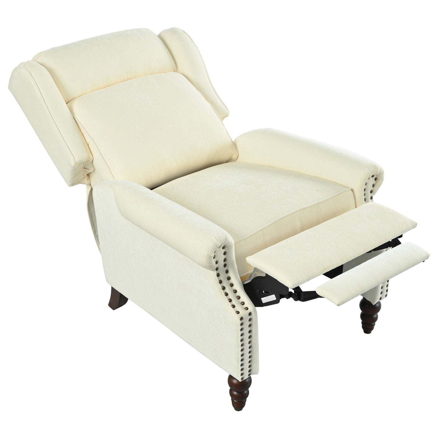 Push Back Recliner Chair Upholstered With Classic Wing Back And Solid Gourd-Shaped Legs For Living Room - Beige