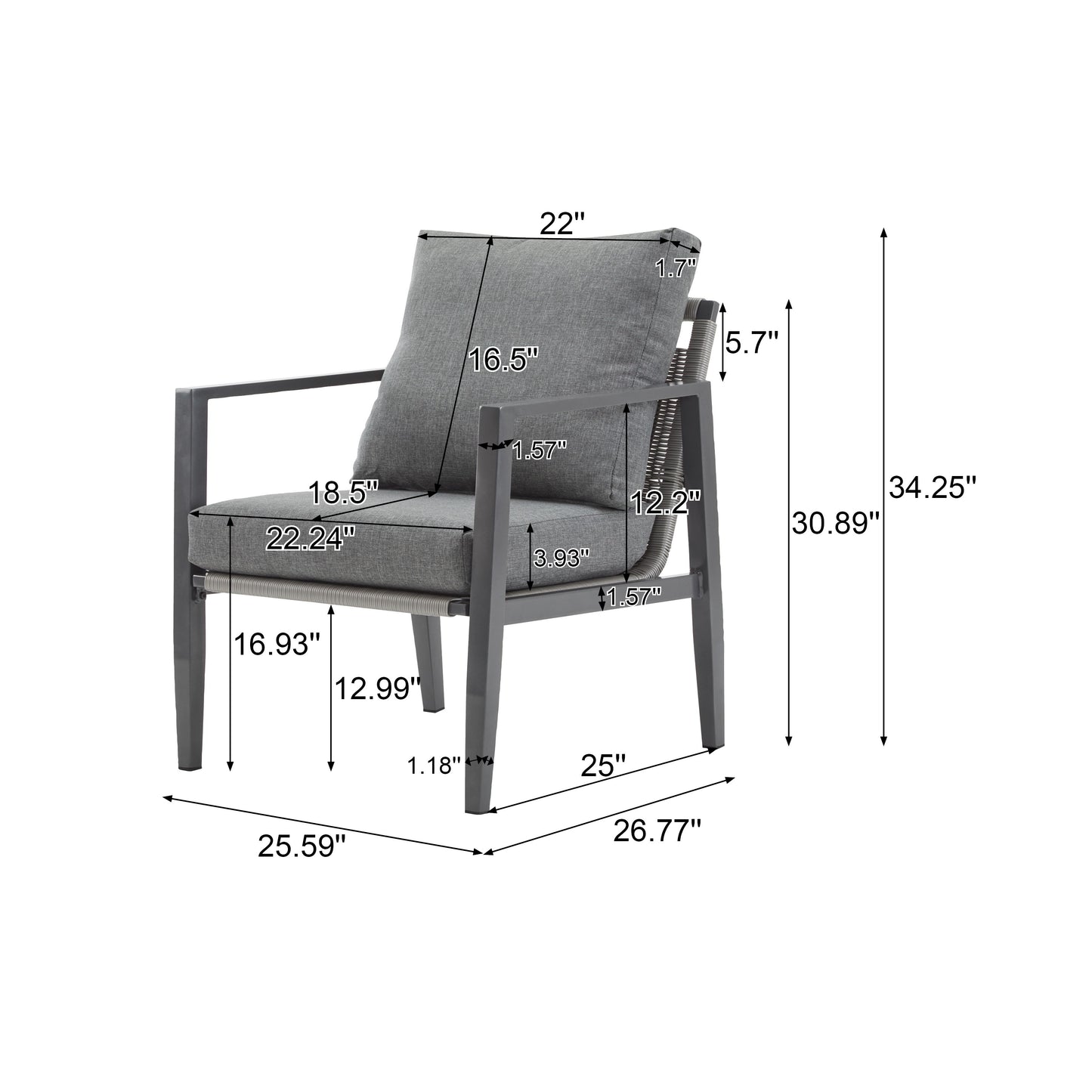 Modern Aluminum Lounge Chair With Rope Accents And Cushions For Indoor And Outdoor Spaces - Gray
