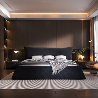 King Size Upholstered Platform Bed With Special Shaped Velvet Headboard, Metal & Solid Wood Frame - Black