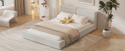 Queen Size Upholstered Platform Bed, Grounded Bed With Solid Frame - Beige