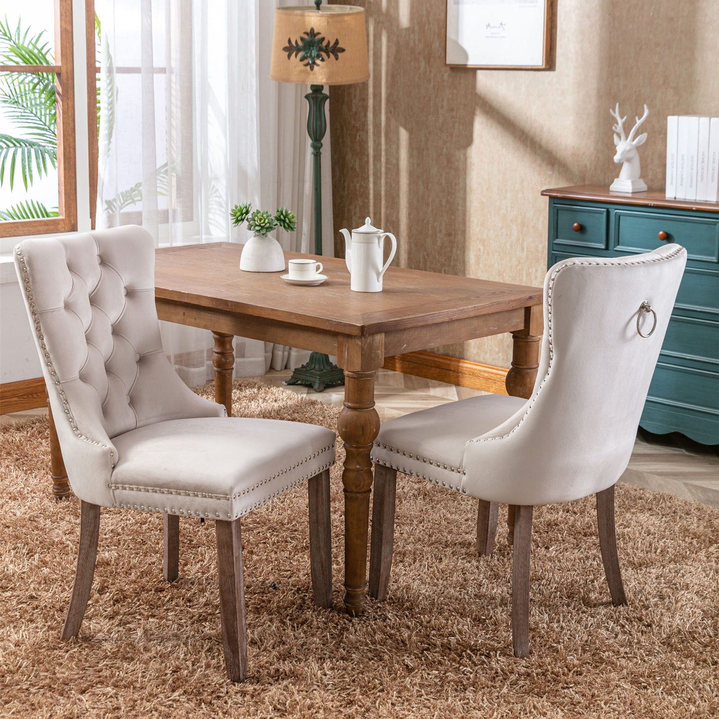 Nikki - Modern, High-End Tufted Solid Wood Contemporary Velvet Upholstered Dining Chair With Wood Legs Nailhead Trim (Set of 2) - Beige