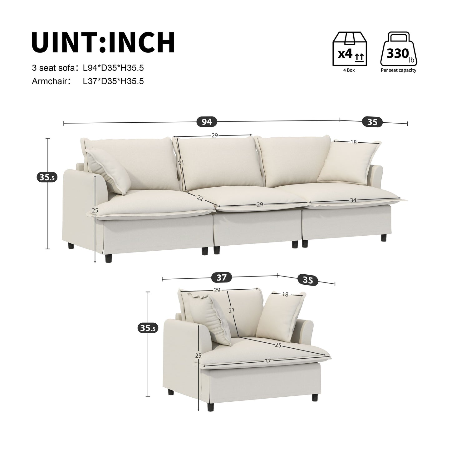 2 Piece Living Room Set With Throw Pillows Sectional Couch Sets, Upholstered 3 Seater Sofa & Armchair 4 Seat - Beige
