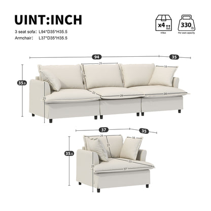2 Piece Living Room Set With Throw Pillows Sectional Couch Sets, Upholstered 3 Seater Sofa & Armchair 4 Seat - Beige