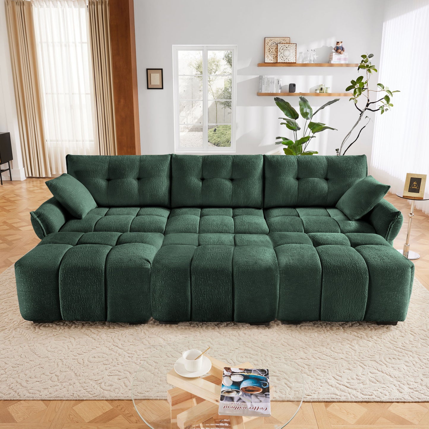 Elegant Textured 3 Seater Sofa Set With 3 Ottomans And Pillows Frame - Green