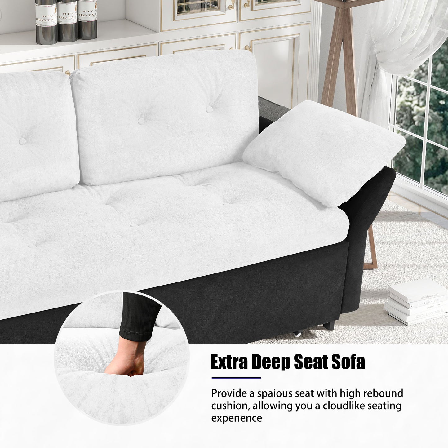 Modern Convertible Sleeper Sofa Bed With Pull Out Queen Design, Side Storage & Thick Cushions Chenille Loveseat For Living Room Or Bedroom 3 In 1 Function - - White