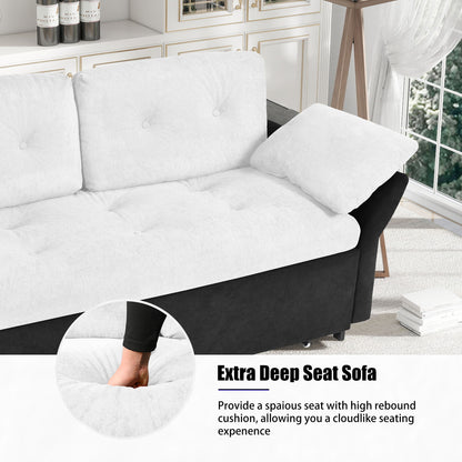 Modern Convertible Sleeper Sofa Bed With Pull Out Queen Design, Side Storage & Thick Cushions Chenille Loveseat For Living Room Or Bedroom 3 In 1 Function - - White