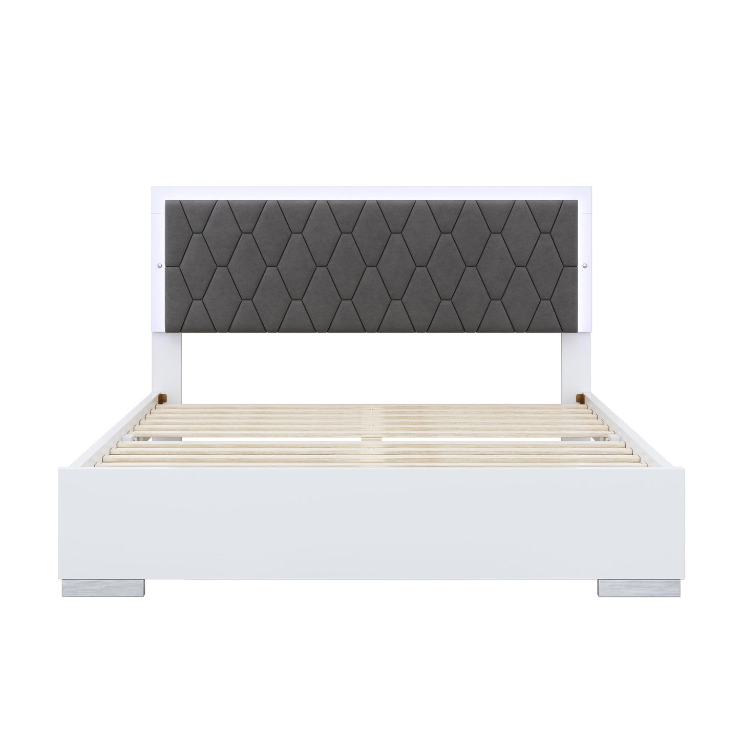 4 Piece Bedroom Sets Queen Size Upholstered Bed With LED Lights, Mirrored Nightstands And Dresser With Metal Handles And Legs - White
