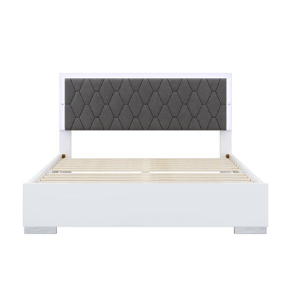 4 Piece Bedroom Sets Queen Size Upholstered Bed With LED Lights, Mirrored Nightstands And Dresser With Metal Handles And Legs - White